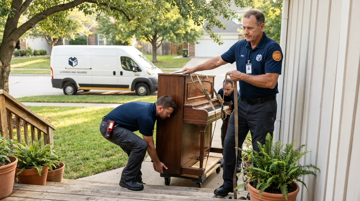 Licensed piano movers securing grand piano in Bernice, LA